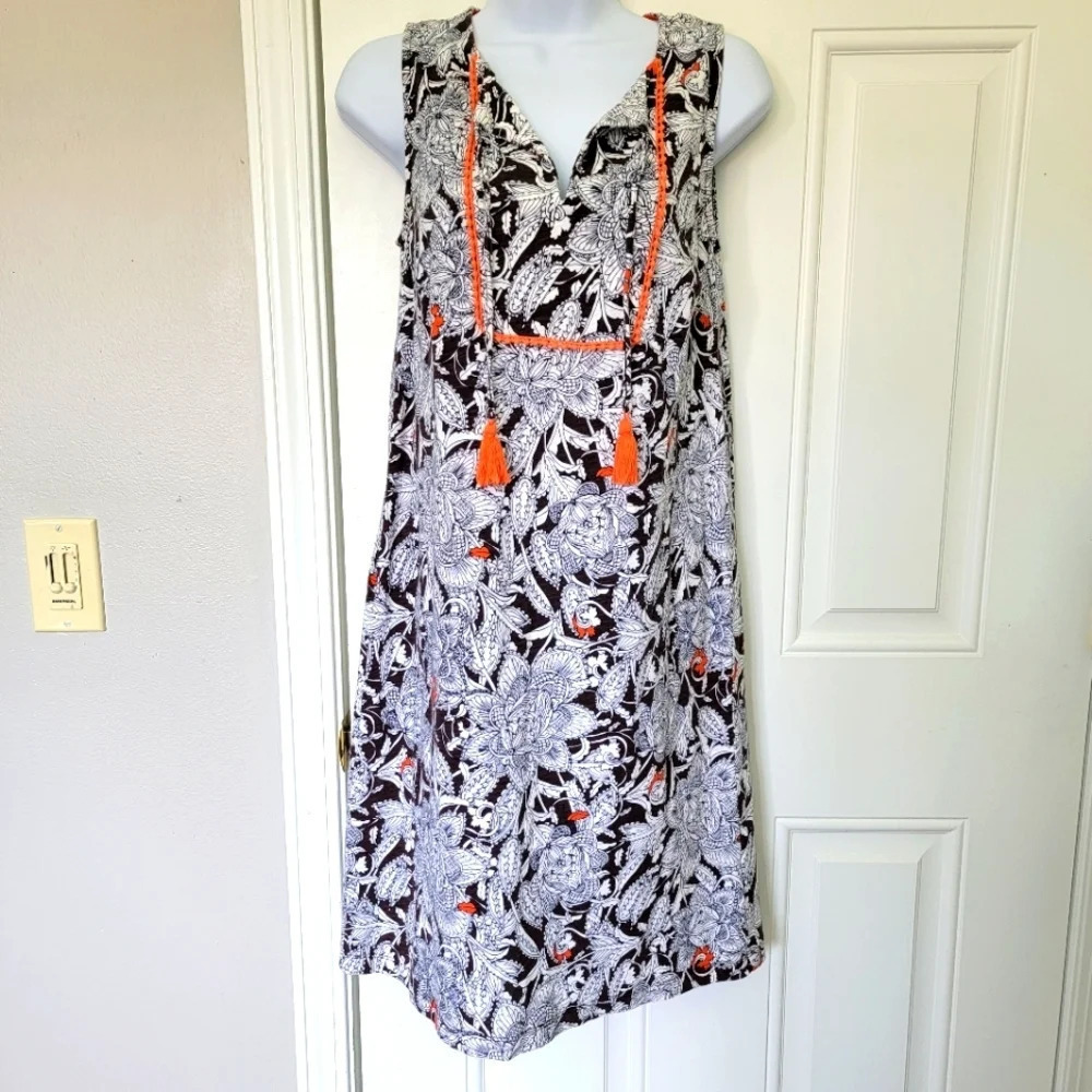 Boden Lana Sleeveless Shift Dress Brown White Orange Floral Tassles Boho  Size 4